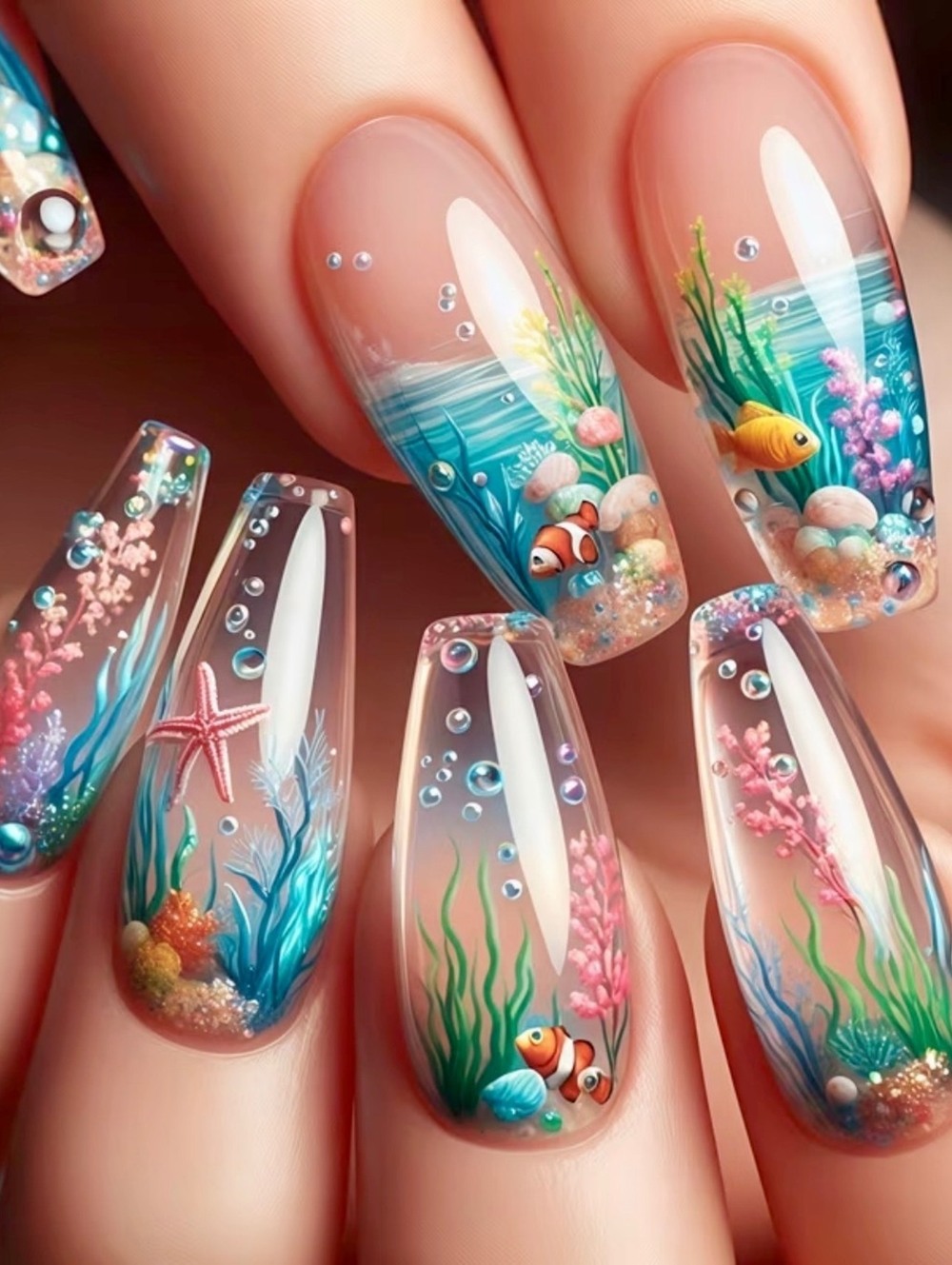 New -Super Cool -24Pcs Reusable Press-On-Nails w/Underwater Design